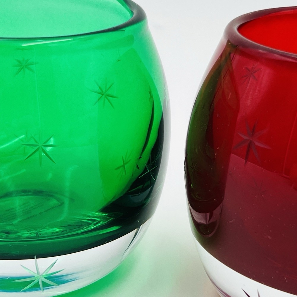 Votive Holder Set Etched Starburst Red‎ Green Glass Hand Blown Poland Christmas - Picture 5 of 10